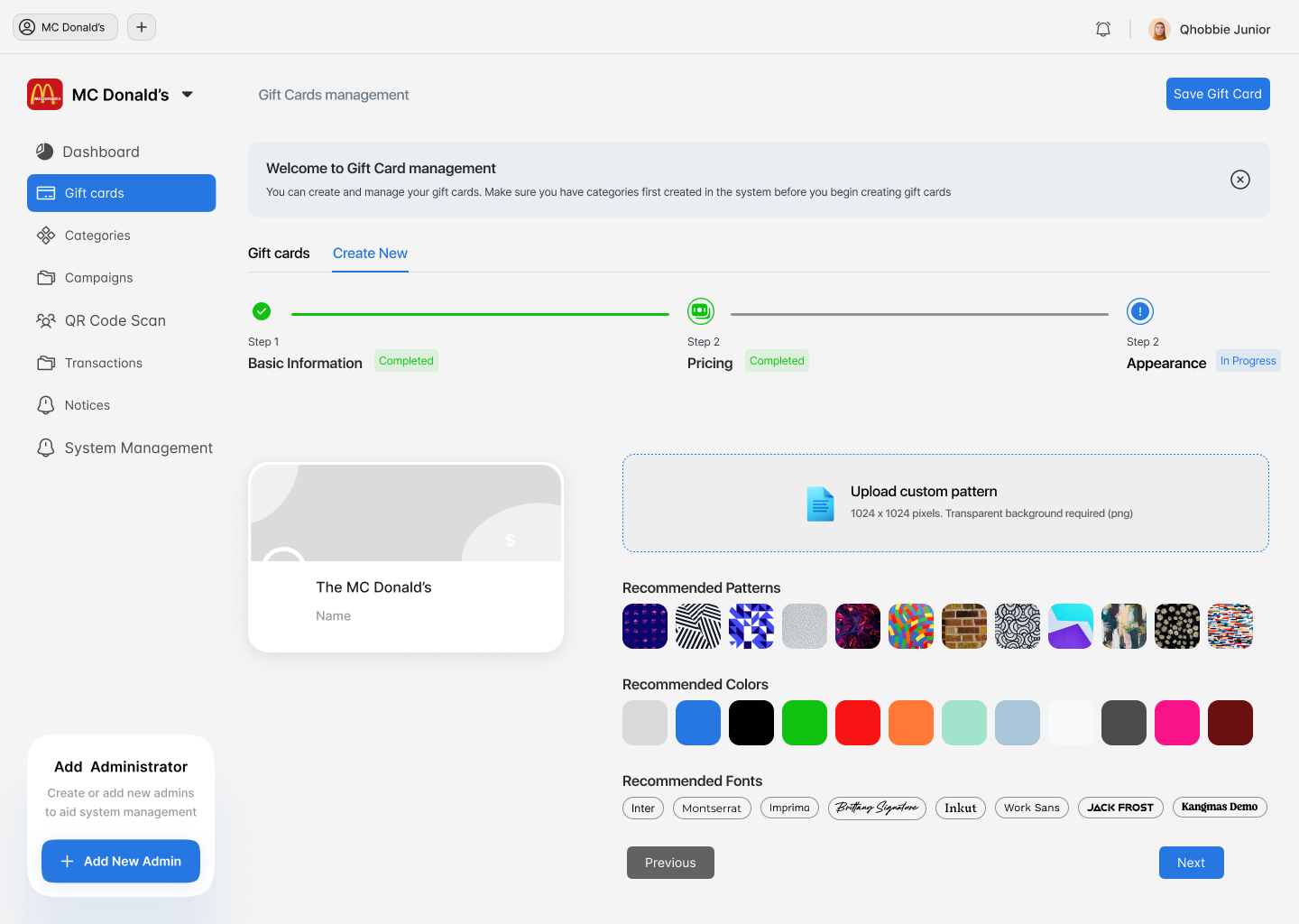 Gift Card Design Interface